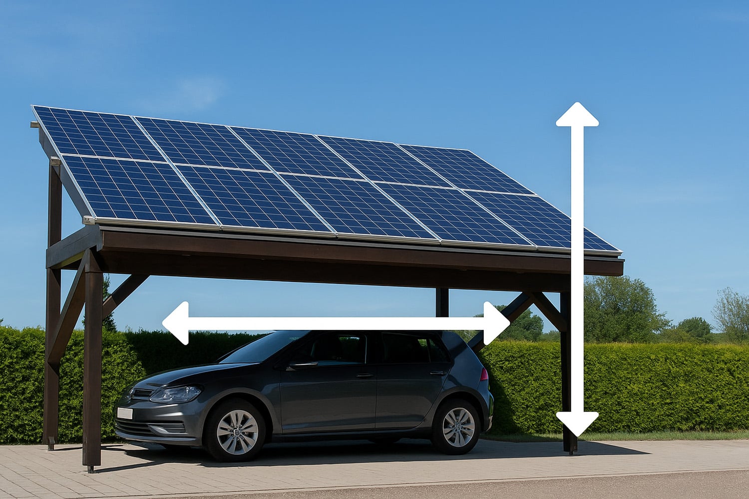 PV-Carport Anlage mit Photovoltaik Modulen und dargestellten Abmessungen für die Planung nachhaltiger Parkflächen und E-Mobilität