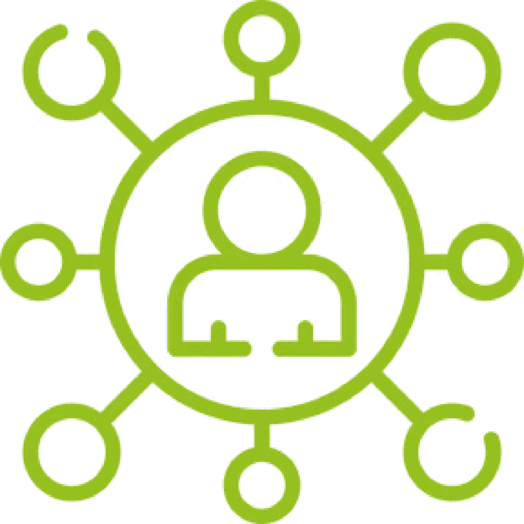 Icon einer zentralen Person mit vernetzten Knotenpunkten, symbolisiert Projektmanagement, Zusammenarbeit und Koordination im Bereich erneuerbare Energien