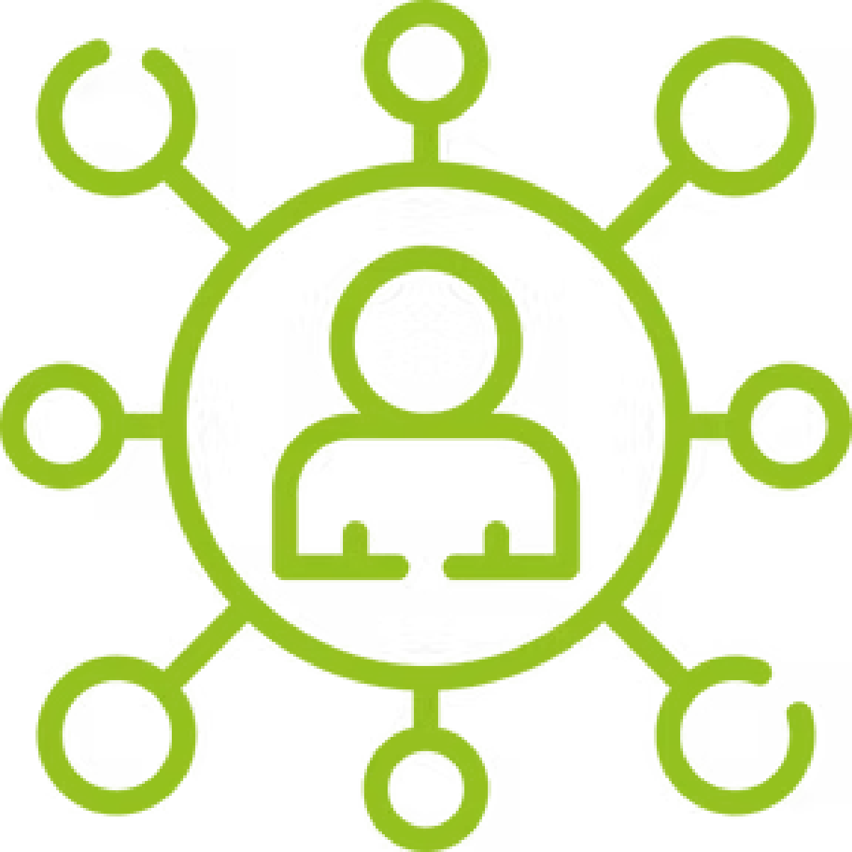 Icon einer zentralen Person mit vernetzten Knotenpunkten, symbolisiert Projektmanagement, Zusammenarbeit und Koordination im Bereich erneuerbare Energien