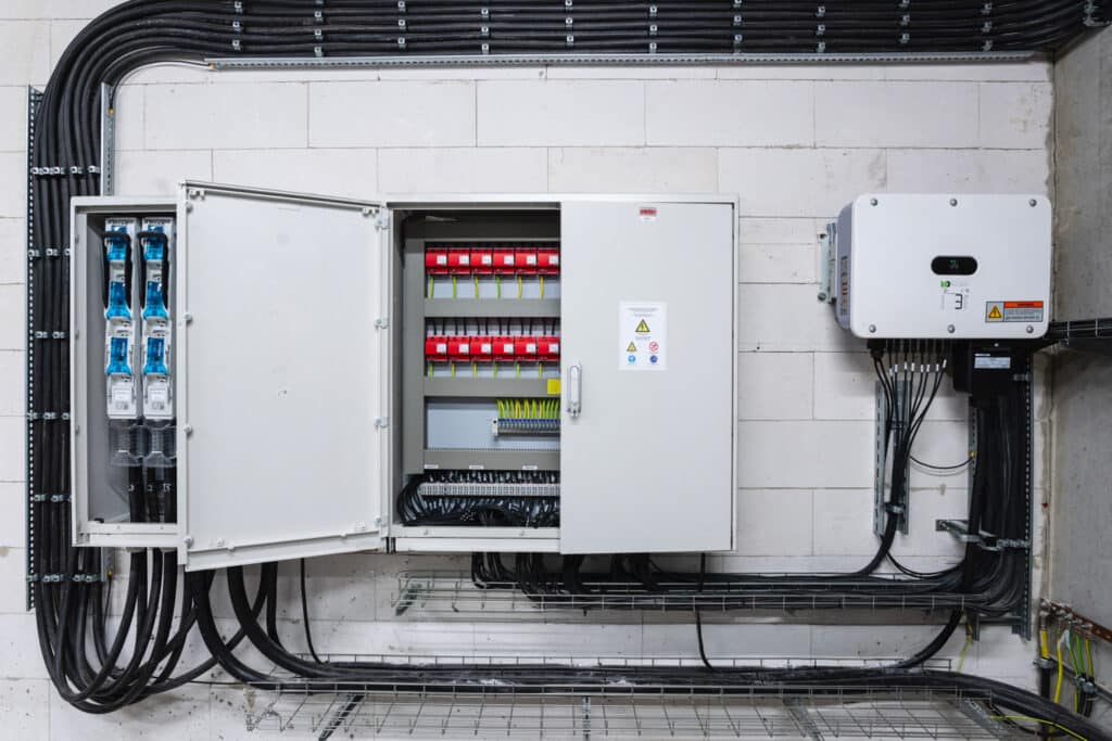 Mitarbeiter richten PV-Module aus